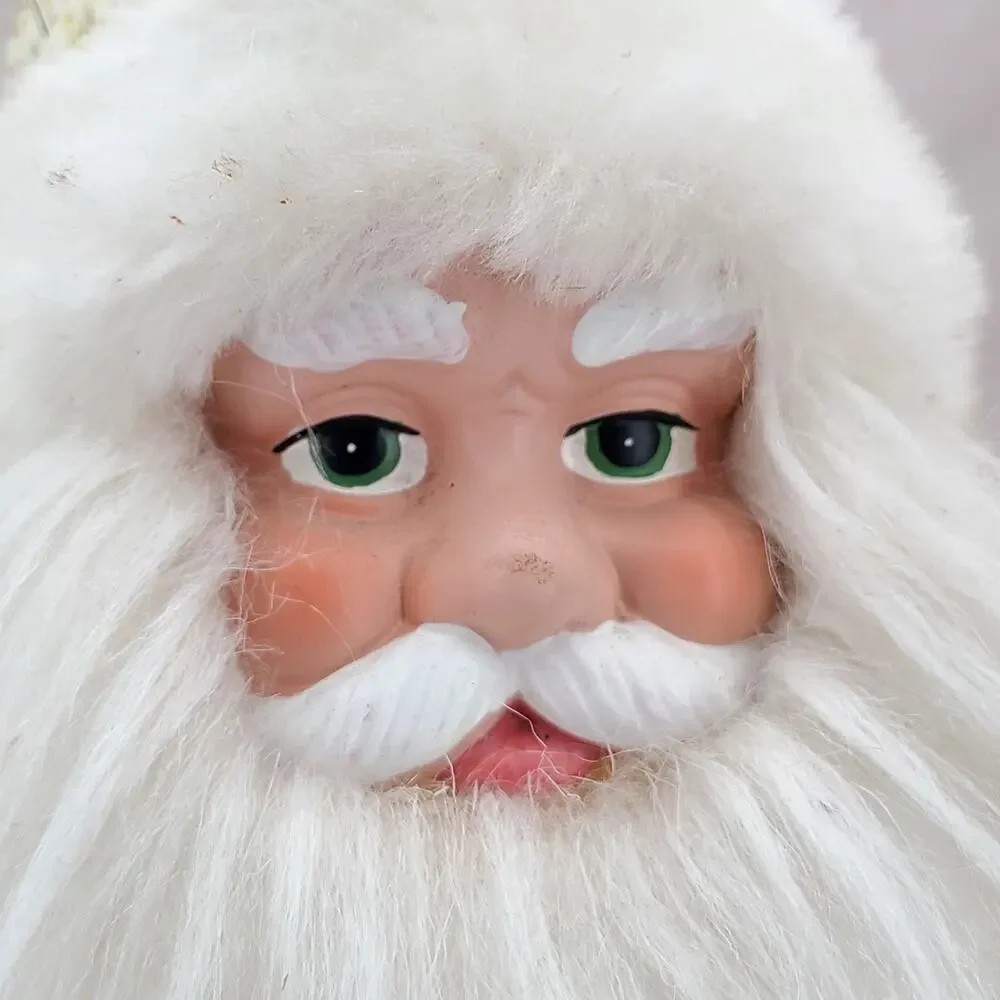 Vintage Santa Claus Figurine - White Gold With Staff, Faux Fur Trim - 18